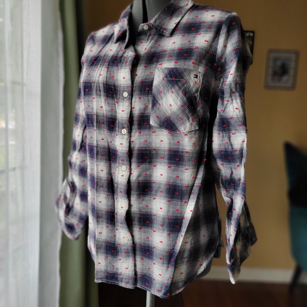Tommy Hilfiger Womens Plaid Button Down Shirt - Blue and Red - Size L